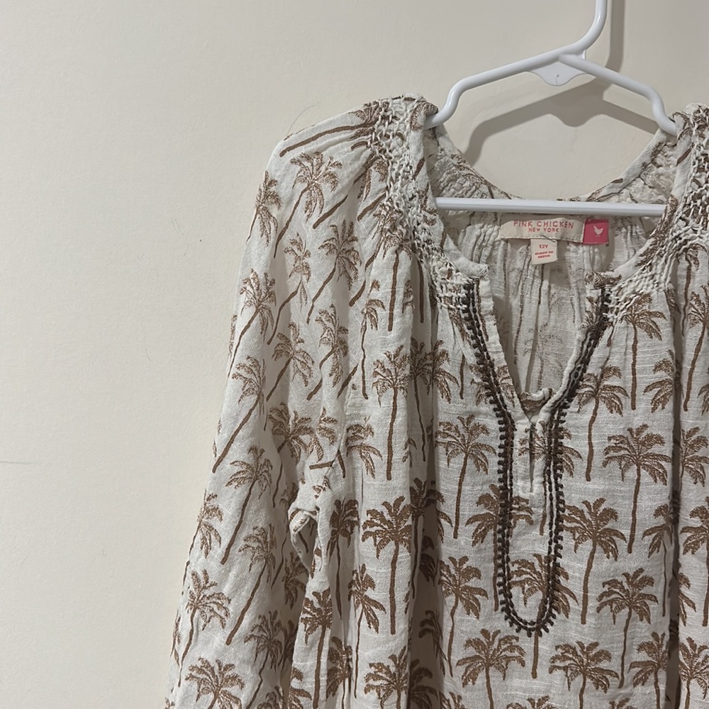 • Pink Chicken • Girls Ava Palm Tree Print Dress Long Sleeves White Brown 12 - Picture 3 of 5